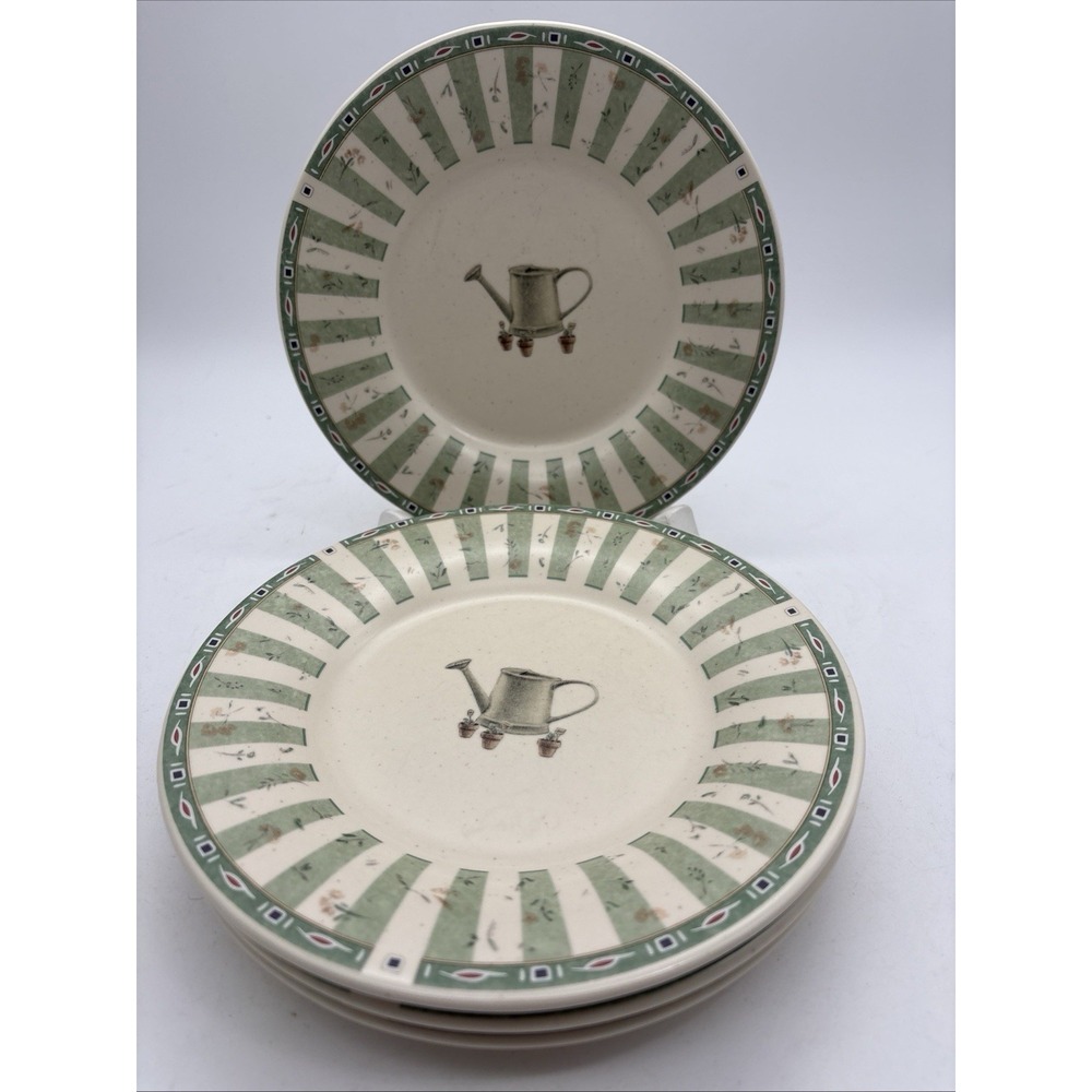 VTG Pfaltzgraff Naturewood Salad Plate Green White Watering Can Garden Set of 4